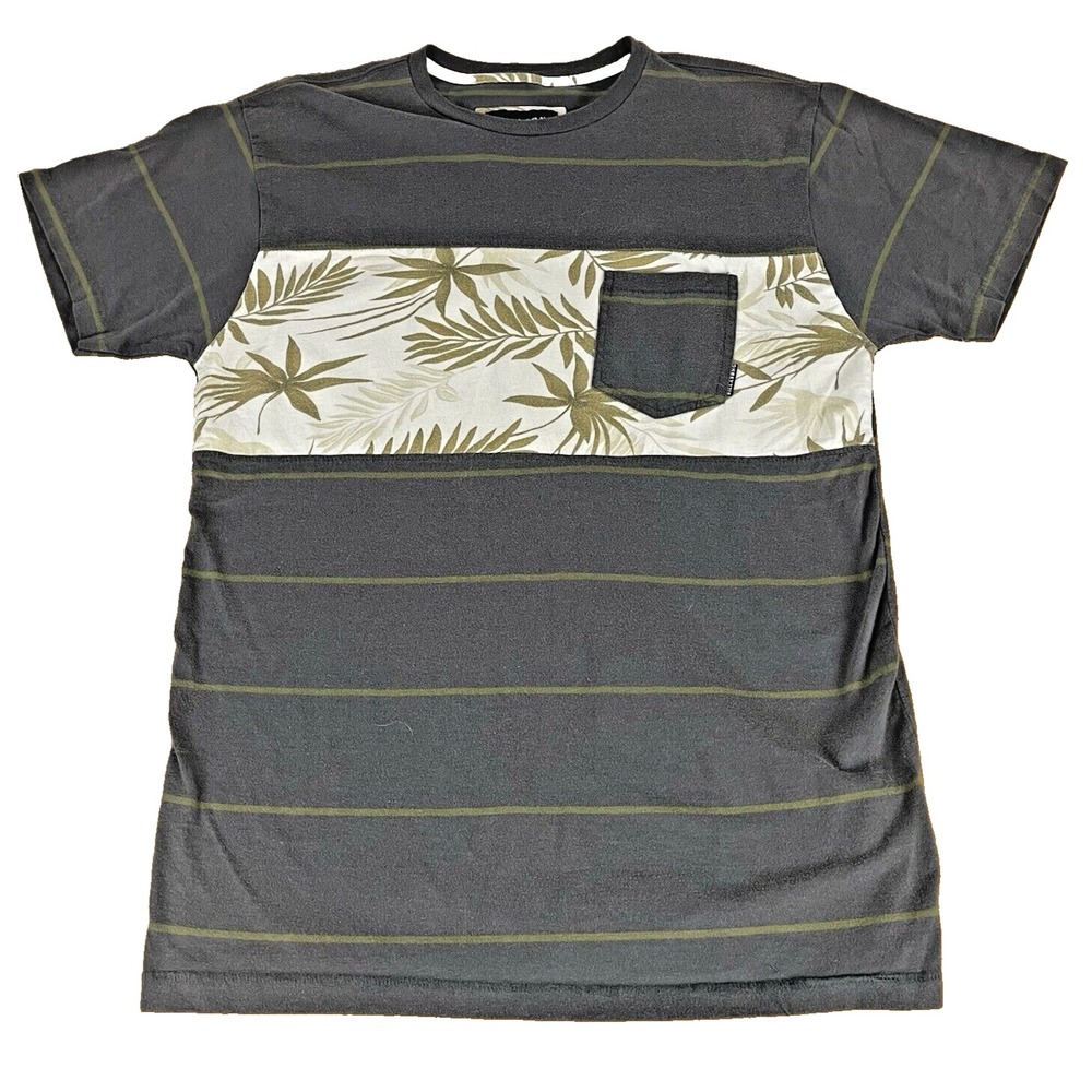 Billabong Mens Small Striped Tropical Floral Pocket T-Shirt Gray Olive‎ M9086SPU